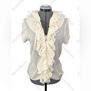 RALPH LAUREN Black Label Ivory Crochet Ruffle Short Sleeve Button Up Cardigan